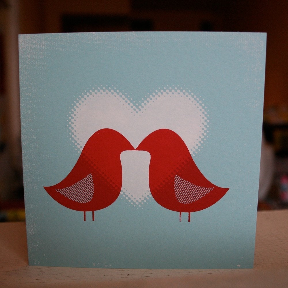 Love Birds Greeting Card - Hand Printed Silkscreen 5 x 5