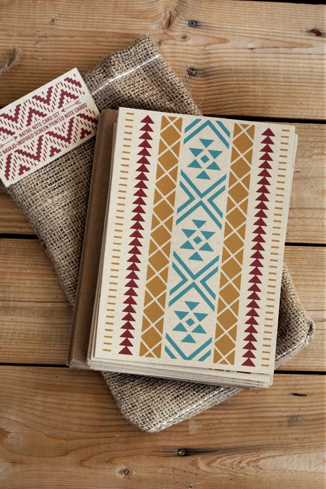 Native Note Card Set - 12 Navajo Inspired Hand Screen Printed Note Cards - Blank Inside - Package in a Burlap Drawstring Pouch