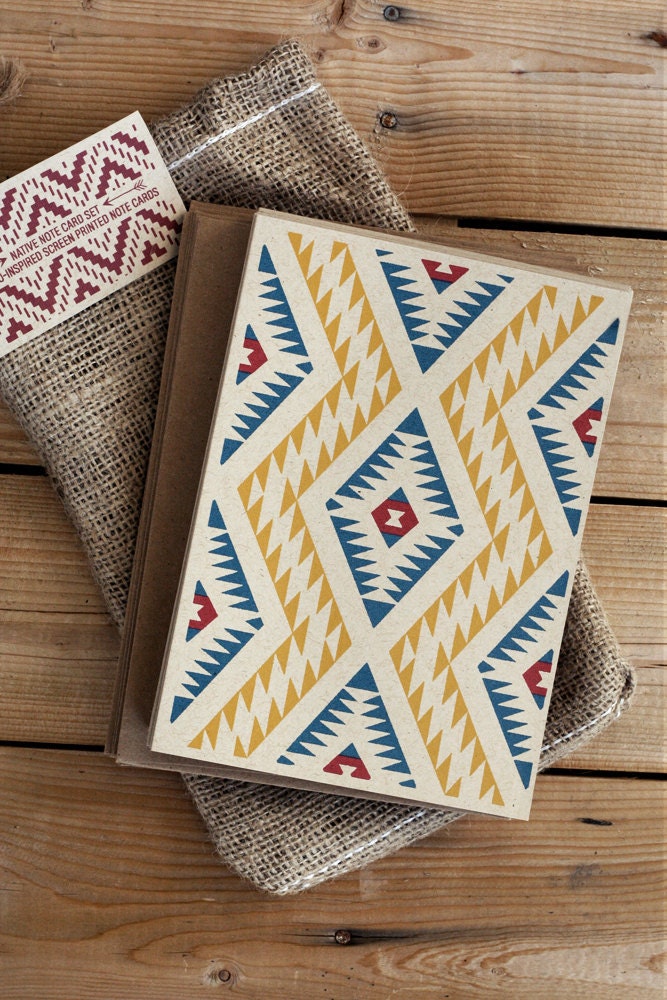 Native Note Card Set - 12 Navajo Inspired Hand Screen Printed Note Cards - Blank Inside - Package in a Burlap Drawstring Pouch