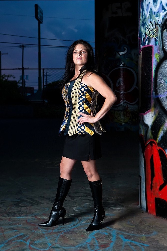 Glamarita TIE Me Up TIE Me Down Blue and Gold NECKTIE Halter Top All Sizes Available