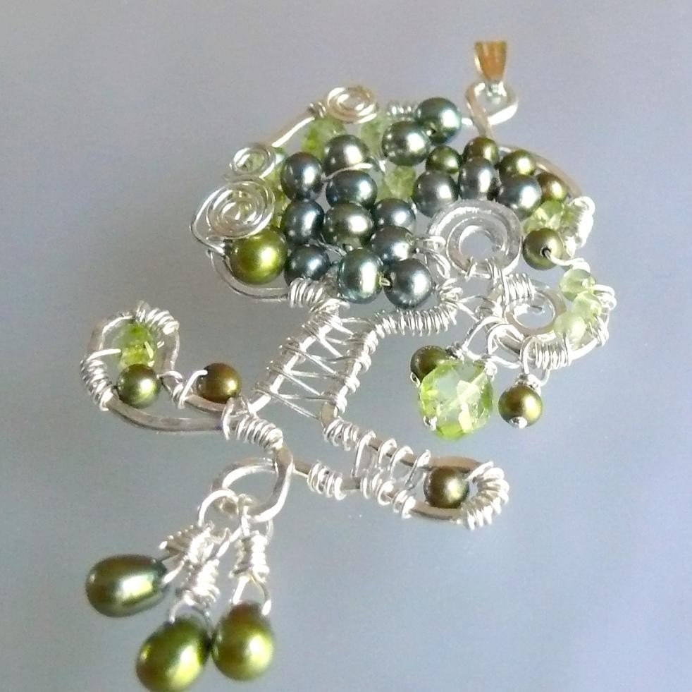 Tree of Life, Olive Tree, OOAK sterling silver peridot and pearl pendant.