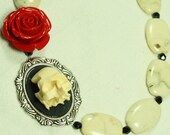 Black 3D Skull Cameo with Big Red Rose, White Stone and Black Glass Necklace