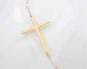 14K Solid Gold Sideways Cross Necklace Set Off Center - Thin And Sleek, Kelly Ripa Style