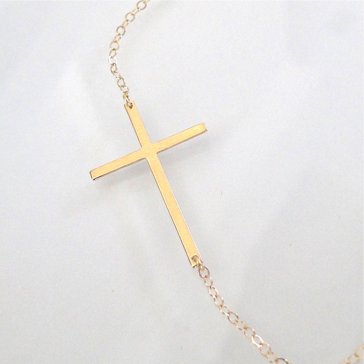 Sideways Cross Necklace on 14k Solid Gold Sideways Cross Necklace Set Off Center   Thin And Sleek