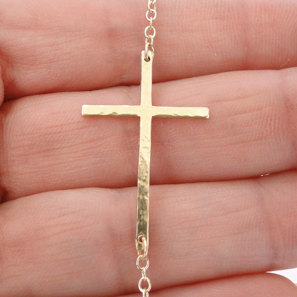 Sideways Cross Necklace, Off Center, 14K Gold Filled, Long, Sleek, And Hammered