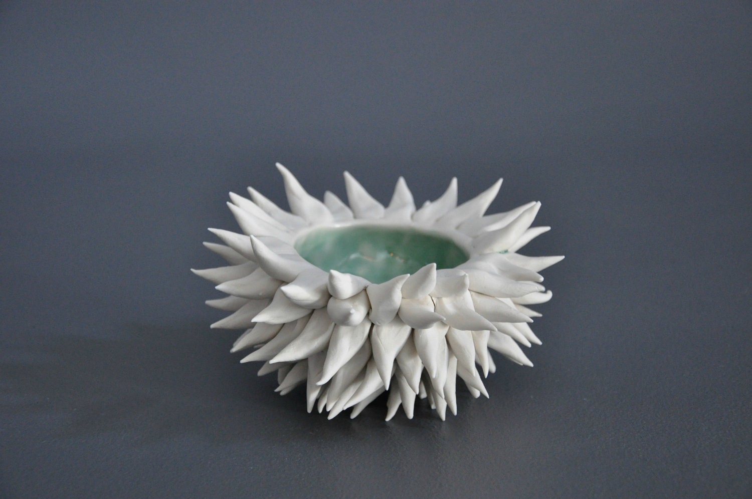 Copper Blue Porcelain Urchin Bowl - White Ceramic Vessel Sculpture Art Decor