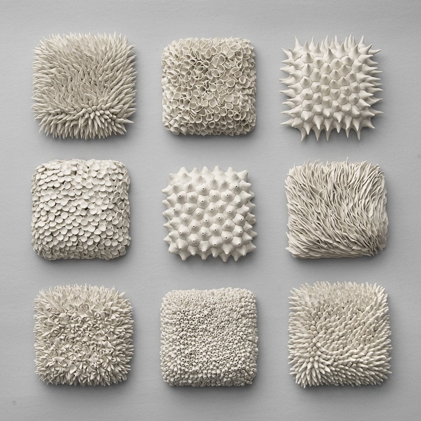 Set of 9 Textured Wall Tiles -  3d Wall Sculpture Art Decor Porcelain Contemporary Ceramic