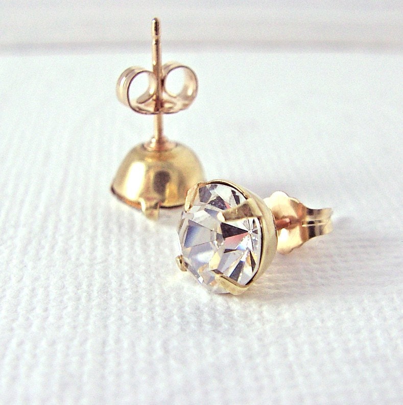 Crystal Post Earrings Vintage Swarovski Rhinestone 14K Gold Fill Posts Under 50
