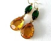 Topaz Green Earrings, Vintage Glass Jewels, 14K Gold Fill, Double Jewels - ZhivanaDesigns