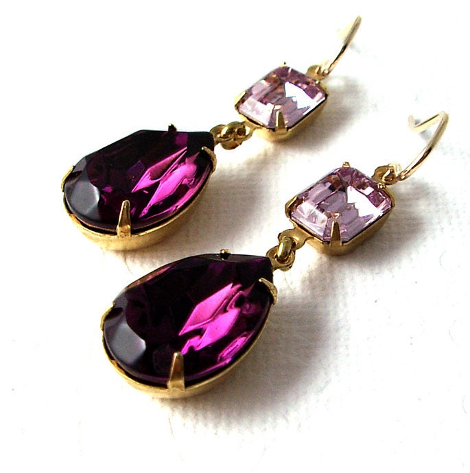 Faceted Glass Jewel Double Drop Purple Earrings, 14K Gold Fill, Swarovski Amethyst Purple Pear, Swarovski Light Amethyst Octagon - ZhivanaDesigns