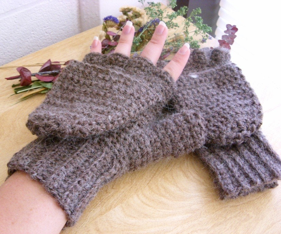 Super Thick and Warm Chocolate Alpaca Wool Crocheted Convertible Fingerless Mittens/Gloves - Brown
