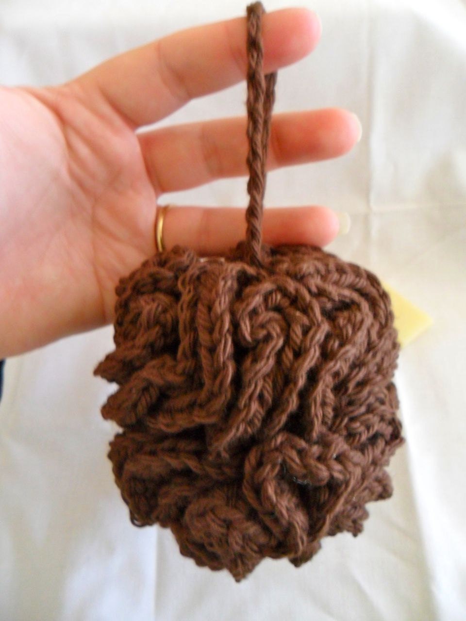 Crocheted Chocolate Brown Bath Puff - SAMPLE soap included