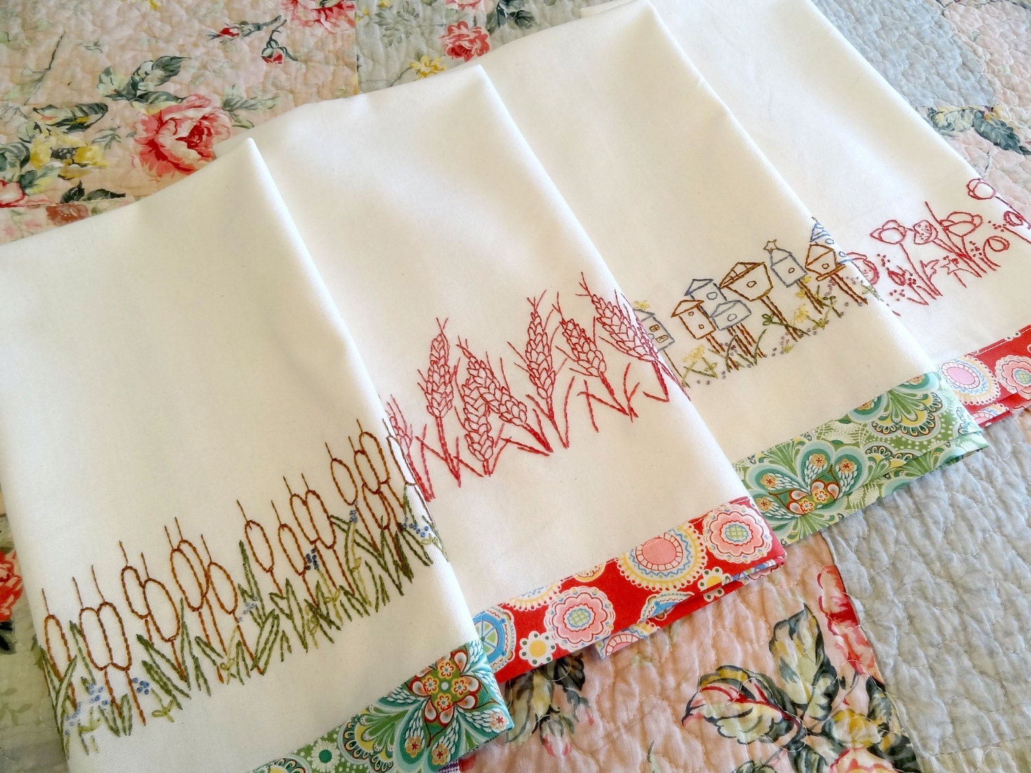 Redwork Hand Embroidery Kitchen Towels PDF Pattern Set Instant Download