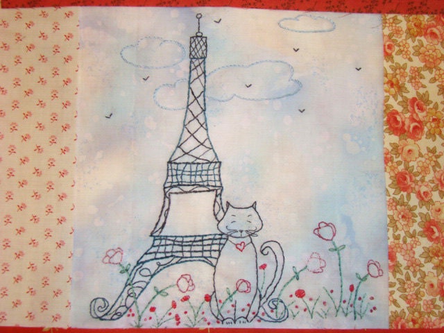 French Kitty Eiffel Tower Hand Embroidery PDF Pattern Instant Download