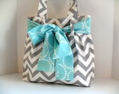 Chevron Diaper Bag Gray and White Fabric with Large Aqua Bow