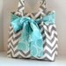 Chevron Diaper Bag Gray and White Fabric with Large Aqua Bow