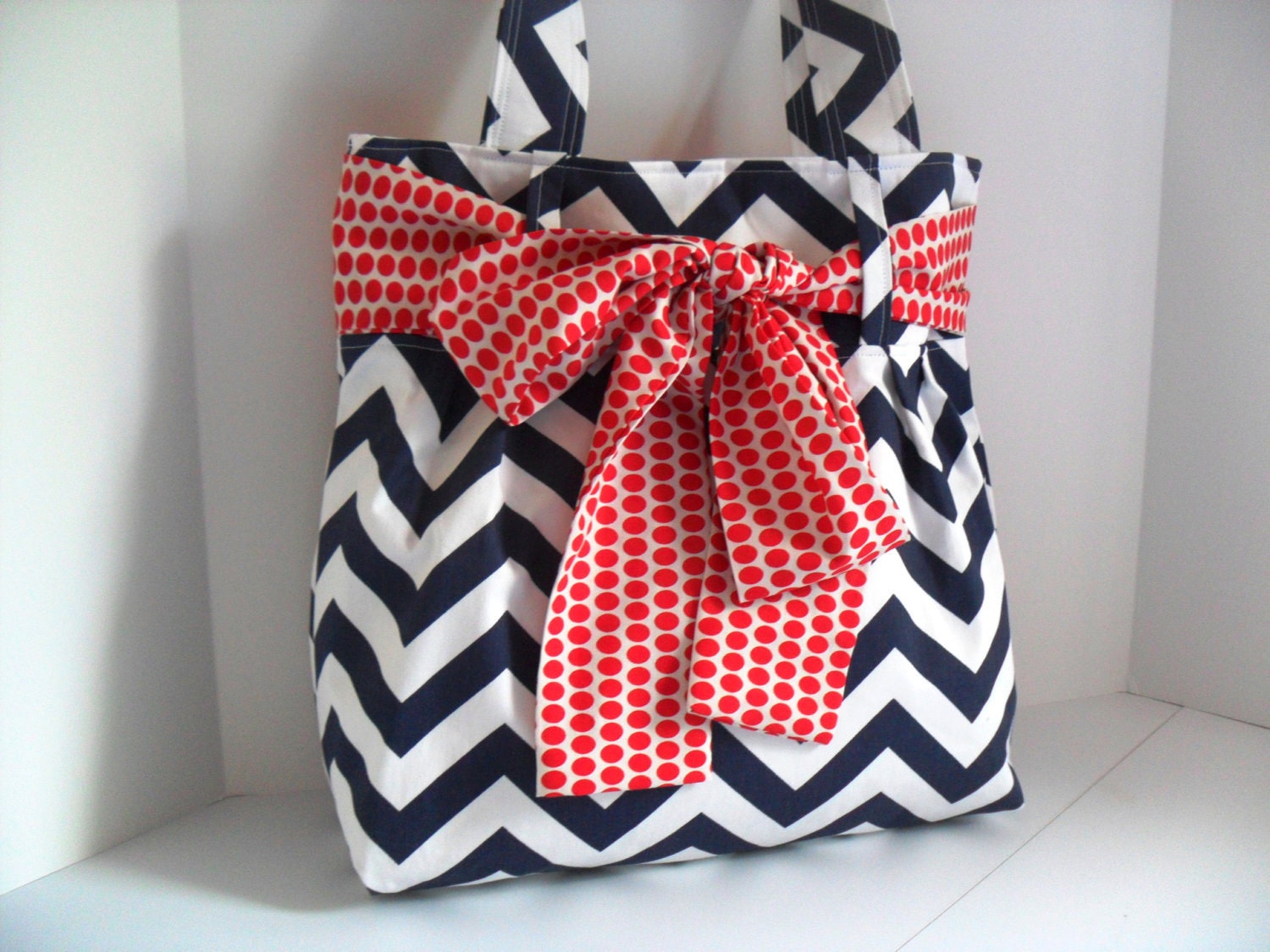 Handbag Made of Blue and White Chevron  Fabric and Large Red  Bow