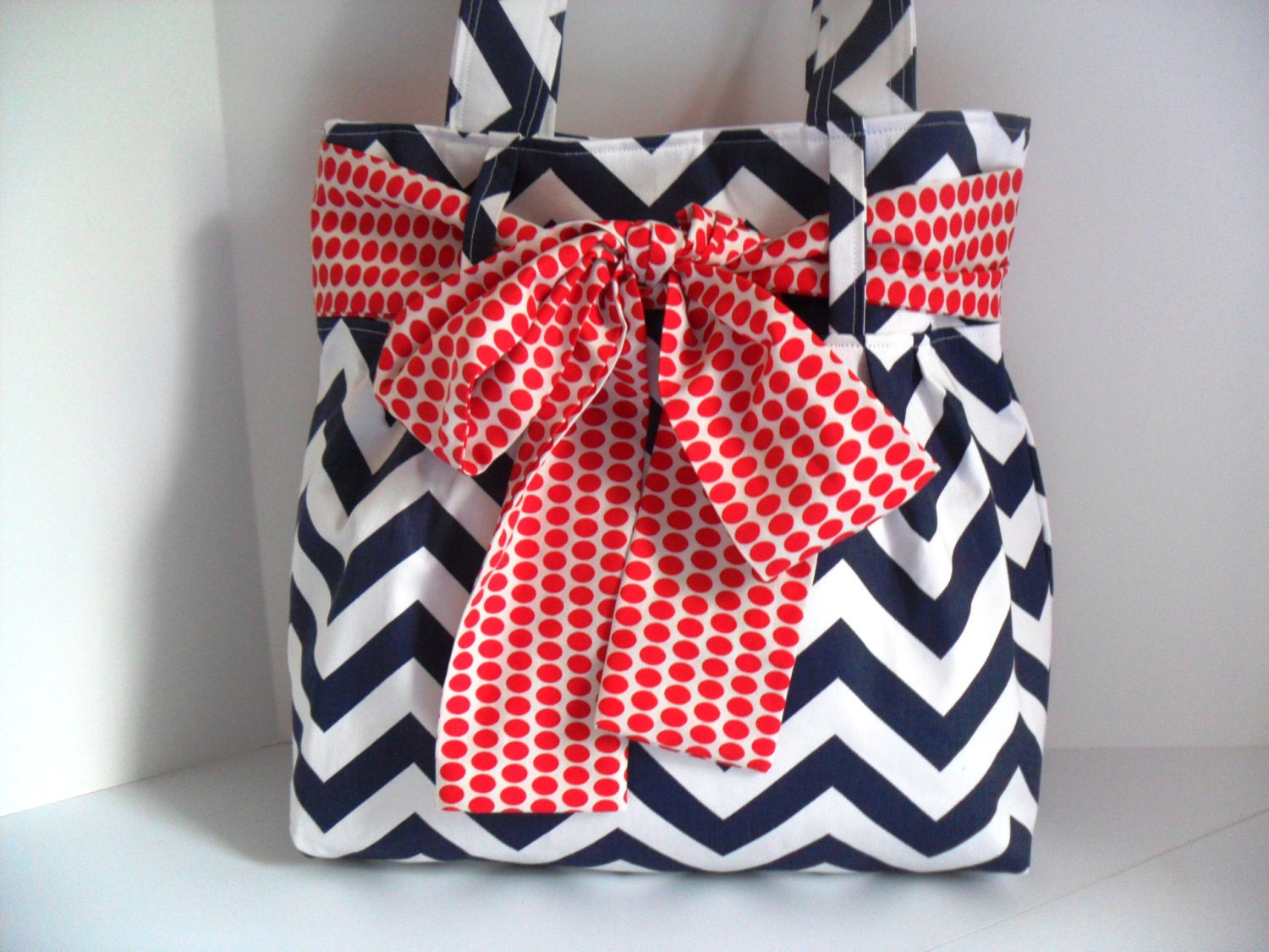 Handbag Made of Blue and White Chevron  Fabric and Large Red  Bow