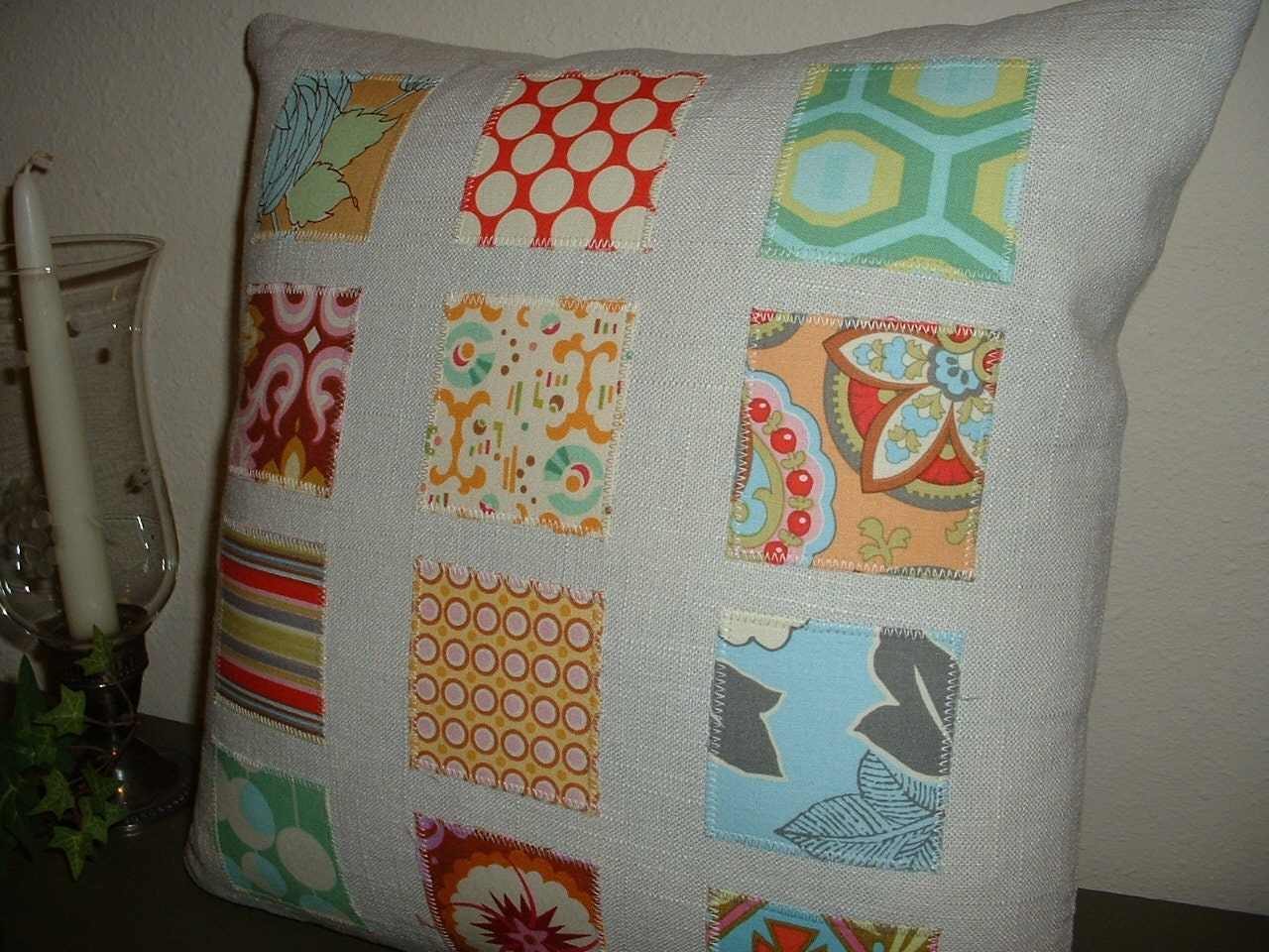 Linen Patchwork Applique - 14" Pillow Cover made with Amy Butler Fabrics