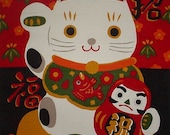 Small Size Cotton 'Maneki Neko and Daruma' Furoshiki Japanese Fabric w/Free Shipping