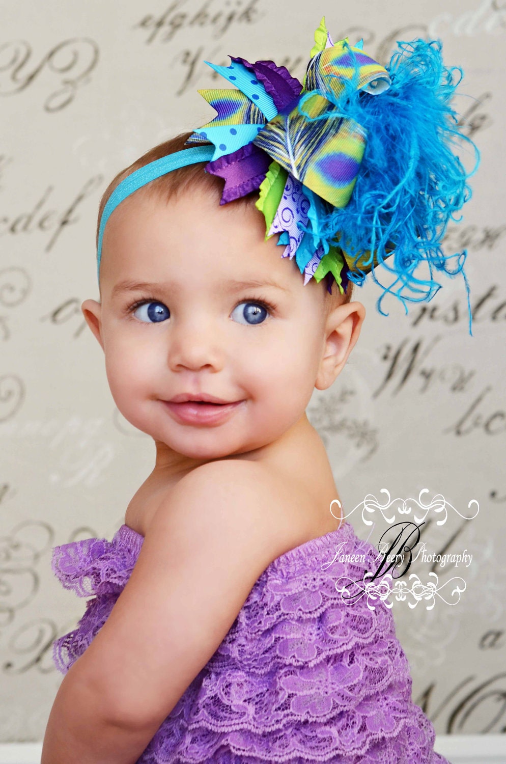 Over The Top Peacock Hair Bow - Curly Ostrich Feather Center with Matching Headband