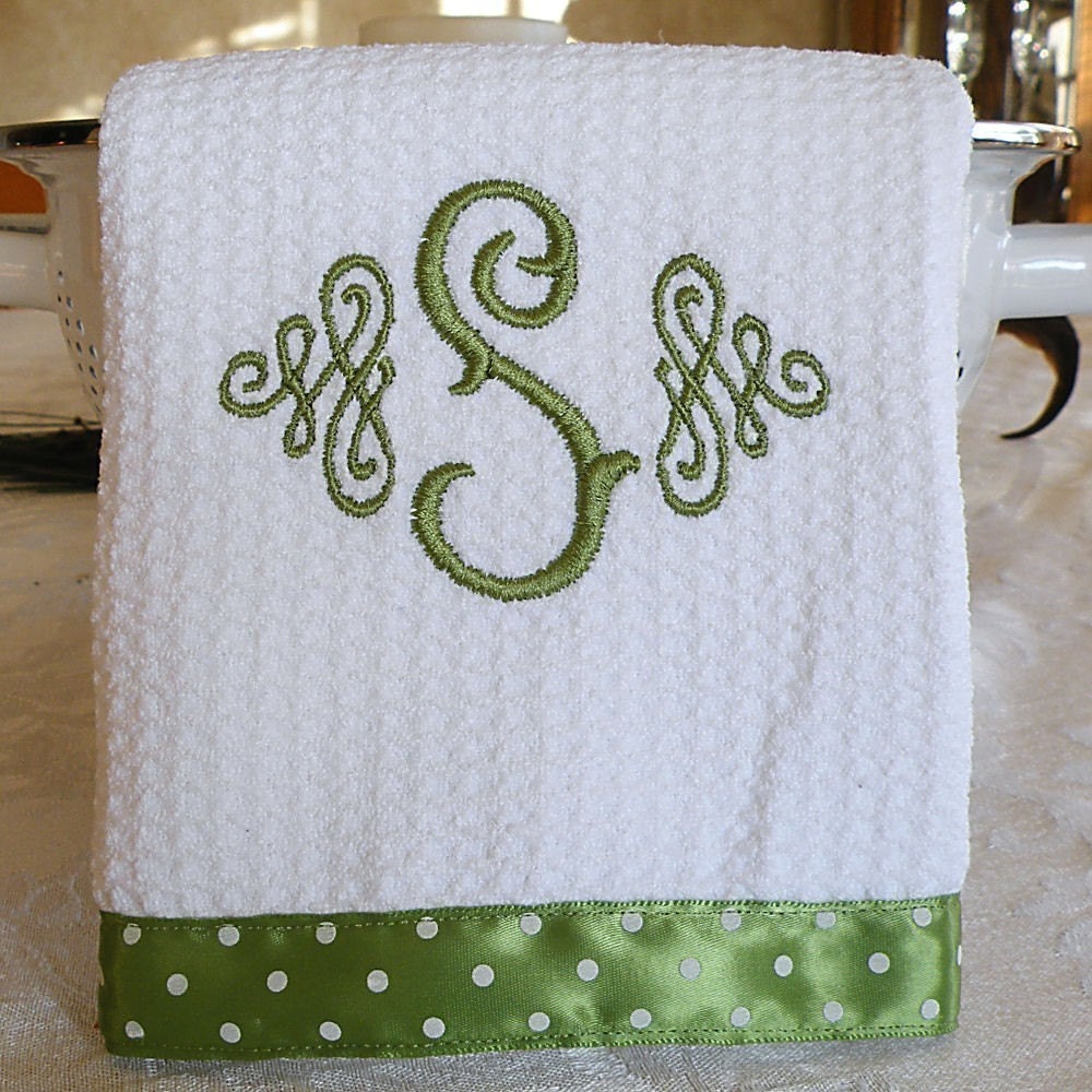 Monogrammed Kitchen Towel, Monogrammed Dish Towel, Lime Green with White Dots