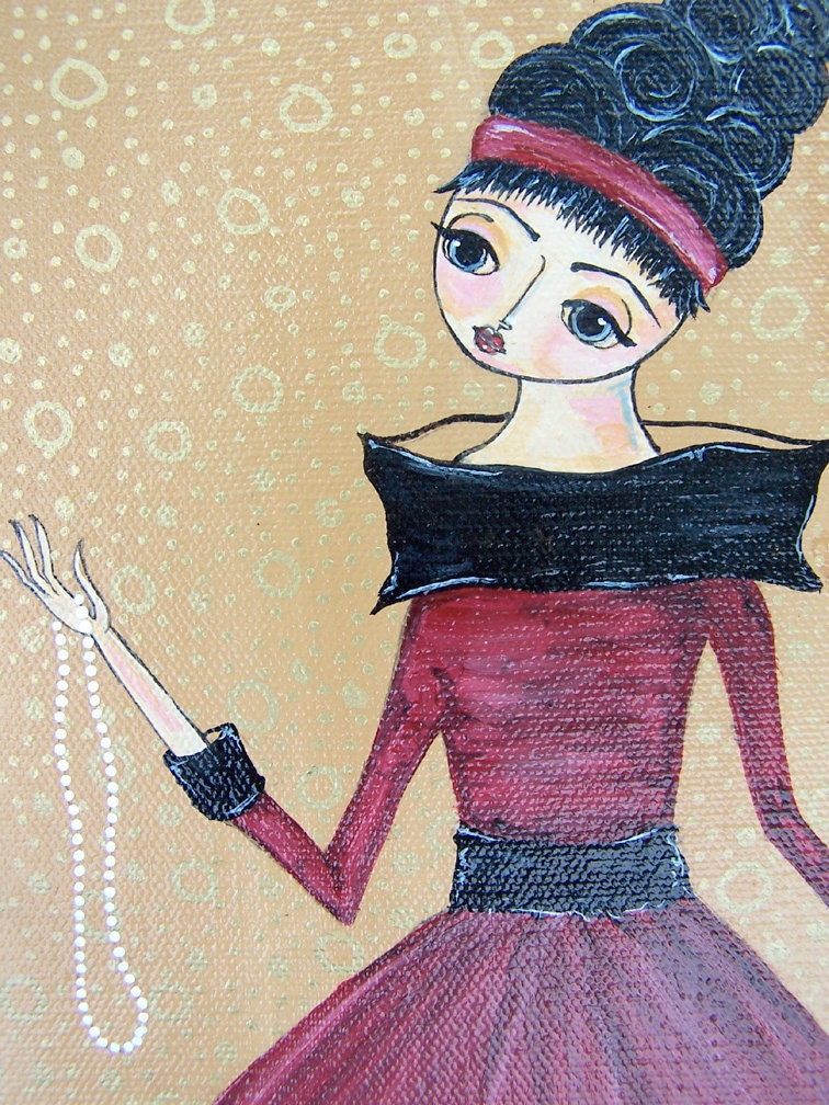 painting classic red ruby fashion evening dress white pearls original acrylic