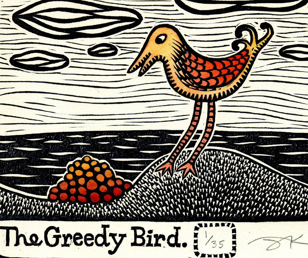 SALE - Was 15, now 10 - The Greedy Bird - Linocut Relief Print with Hand-Coloring - berries / seascape / sea / ocean / pile / food