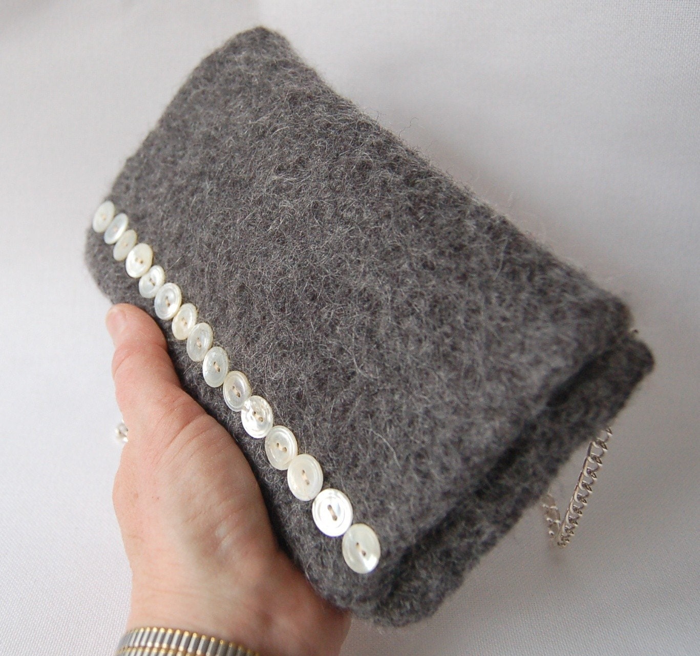 felted wool clutch purse heathered smoke grey pearl button