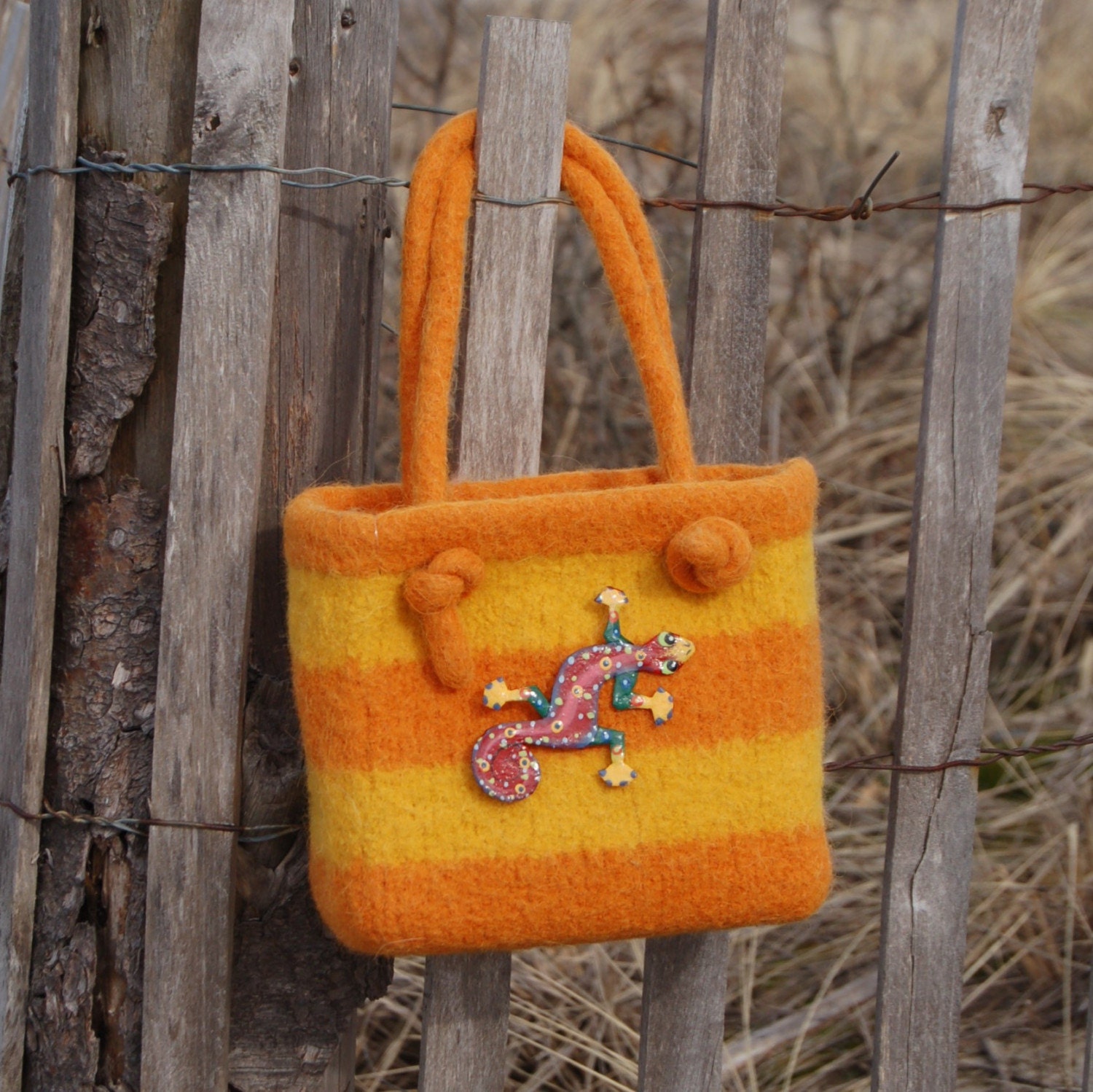 citrus felted wool purse yellow orange rugby stripe gecko pin