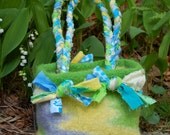 knit felted wool bag blue grey yellow green swirl braided cotton handle