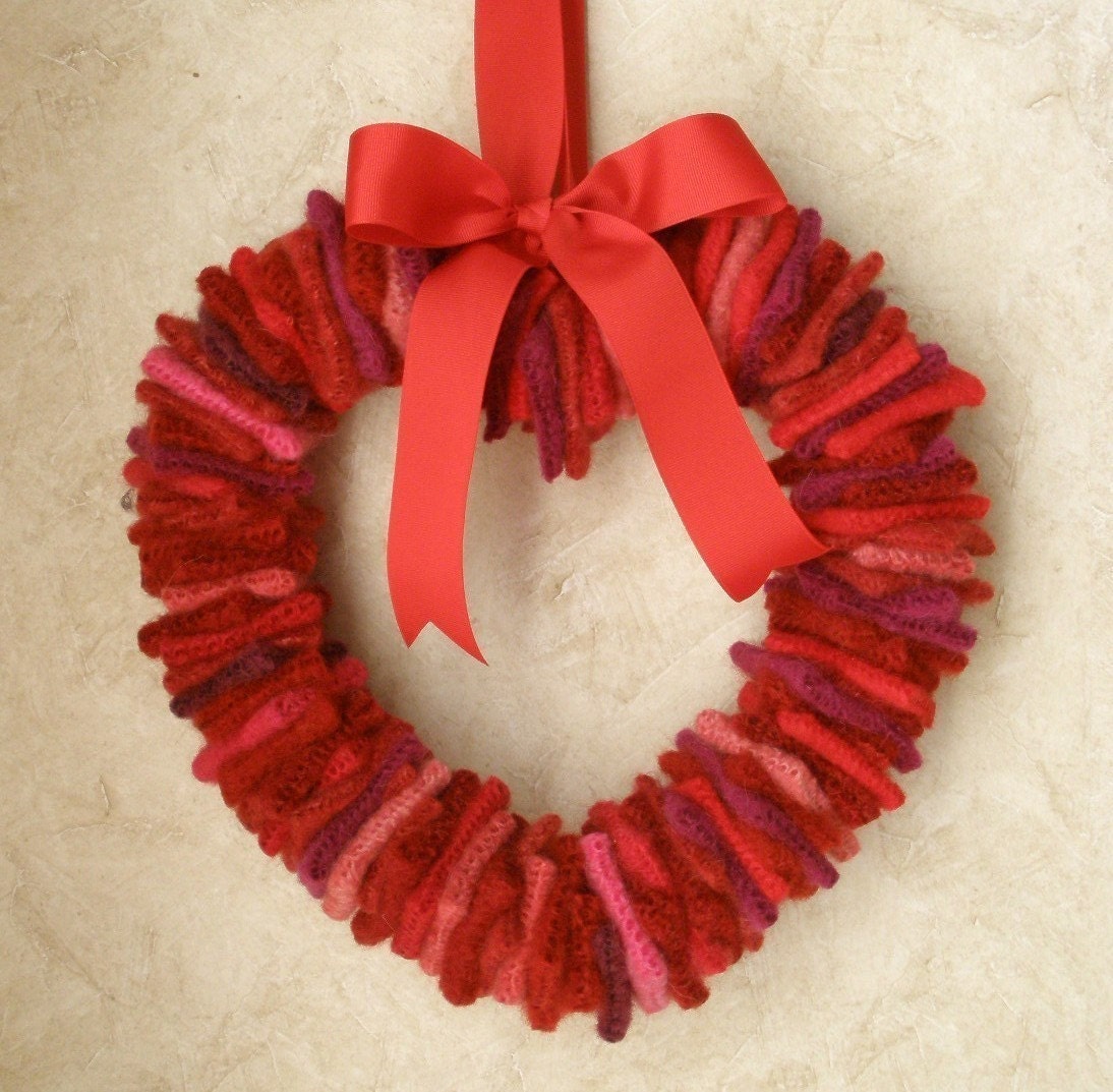 felted wool heart wreath recycled red pink