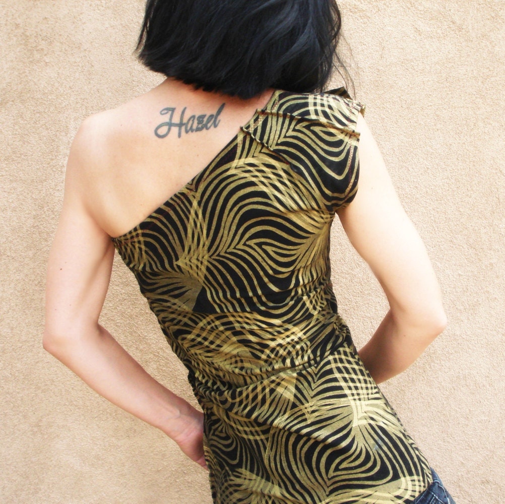 Virtual Reality - Made to Order - iheartfink Handmade Hand Printed Black and Gold Artistic One-Shoulder Top with Bow