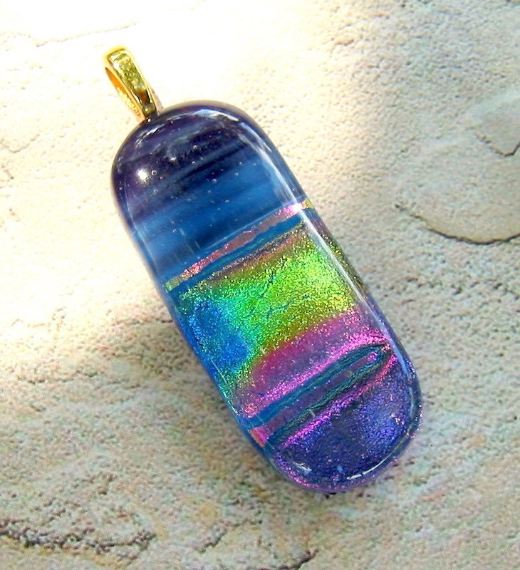 Rainbow Colored Blue Dichroic Fused Glass Pendant
