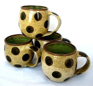 Set of 4 Dark Polka Dotted Mugs - 12 oz