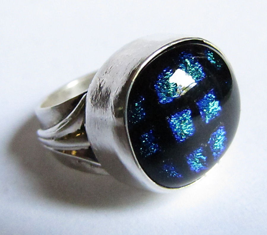 Recycled Silver Ring with Green and Blue Dichroic Glass
