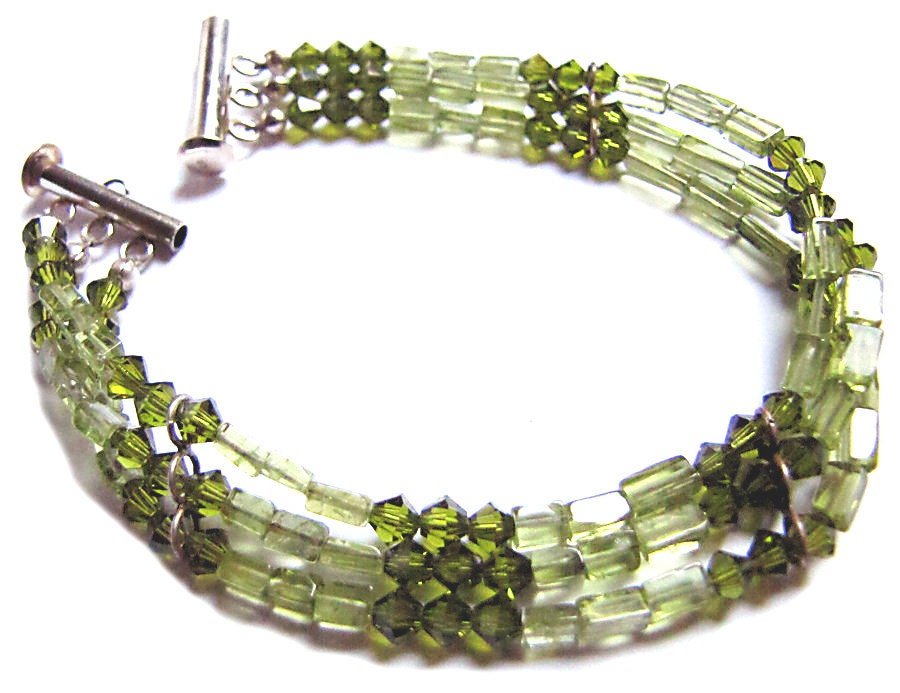 Peridot, Crystal and Recycled Silver 3 Strand Bracelet
