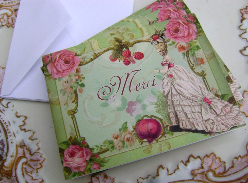 4 MERCI framboise et grenade Marie Antoinette Note Cards by Vintage Bella - raspberry and pomegranate