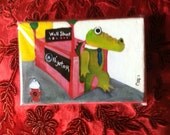 A for Alligator - 4 X 6 Inch Handmade Painting on Canvas (Alphabet City Series) Alligator with a Tie Coming Out of the Subway