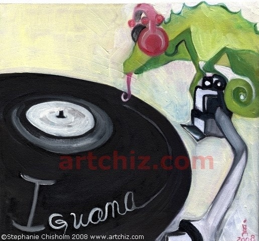 Alphabet Animal Art - 5 X 5 Matted Art Print - I for Iquana -Music - Iquana Playing a Vinyl Record with his Tounge - Music Nursery Print