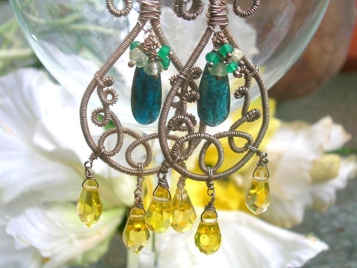 GYPSY ENCHANTMENT - Sterling Swing Earrings - Kyanite, Serpentine Quartz, Apatite, Lemon Quartz, Intricate Coiling