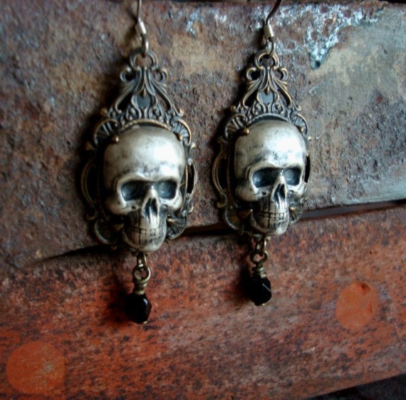 Gothic Human Skulls Silver Ox Earrings, IN WAITING, Gothic, Victorian, Jewelry