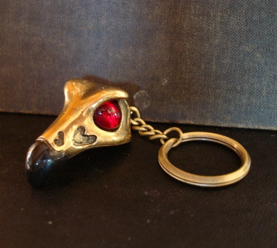 GOTHIC BIRD SKULL Key Ring, Ruby Glass Eyes, Large Metal Skull