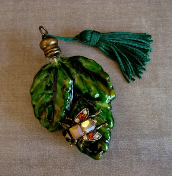 FALL LEAF VESSEL, Jeweled Bug Perfume Bottle Pendant, Gorgeous Fall Colors, Decorative Glass