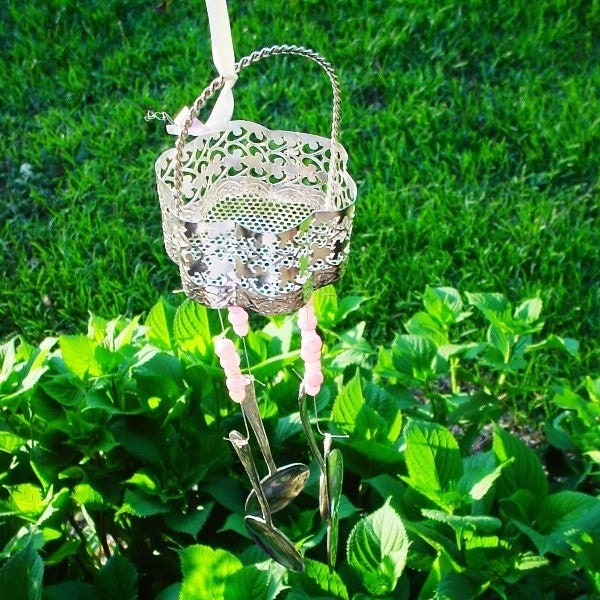 Cotton Candy Pink Basket - Silverplate Spoon Windchime