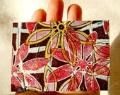 Mixed Media Hand Carved Flower ACEO Original in Red Burgandy Pink Gold