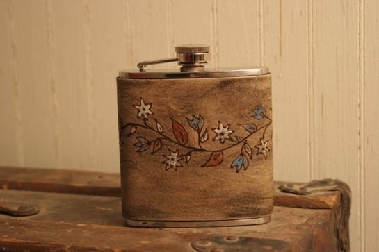 Pie Pattern Leather Flask - Floral - Blue, Brown and White with Antique Black