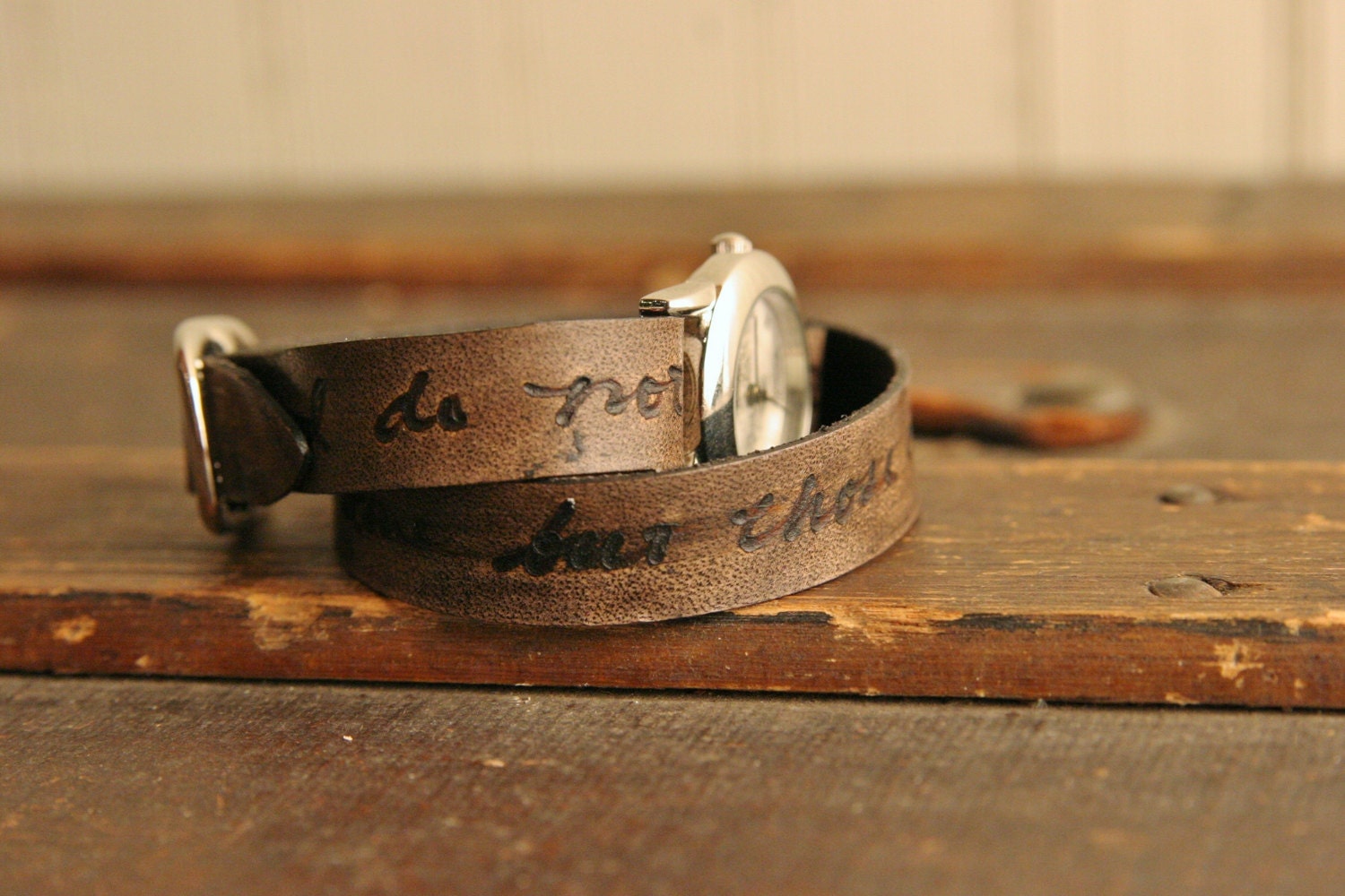 Leather Wrap Watch - Personalized Smokey Pattern - Antique Black