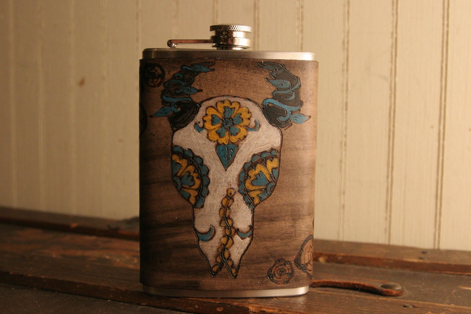 8oz Flask - Leather in Antique black, turquoise, yellow - Faux Nellie Pattern with Skull