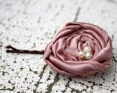Rosette bobby pin, flower hair clip, rolled rosette fabric flower bobby pin in mauve satin perfect for bridesmaids hair